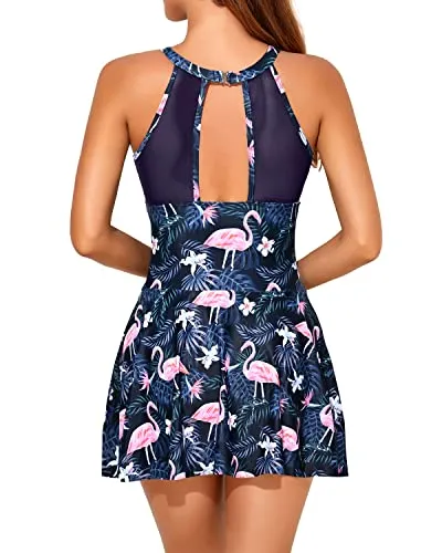 One Piece Swim Dress High Neck Swimsuit Tummy Control Halter Bathing Suits-Blue Flamingo