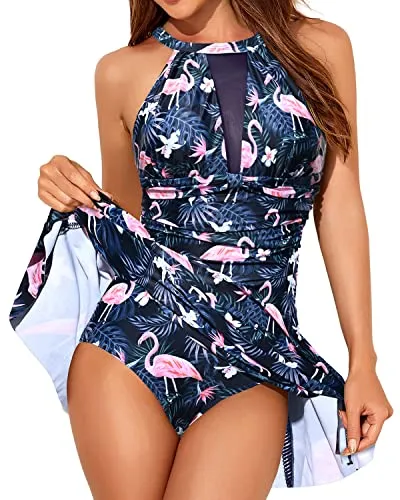 One Piece Swim Dress High Neck Swimsuit Tummy Control Halter Bathing Suits-Blue Flamingo