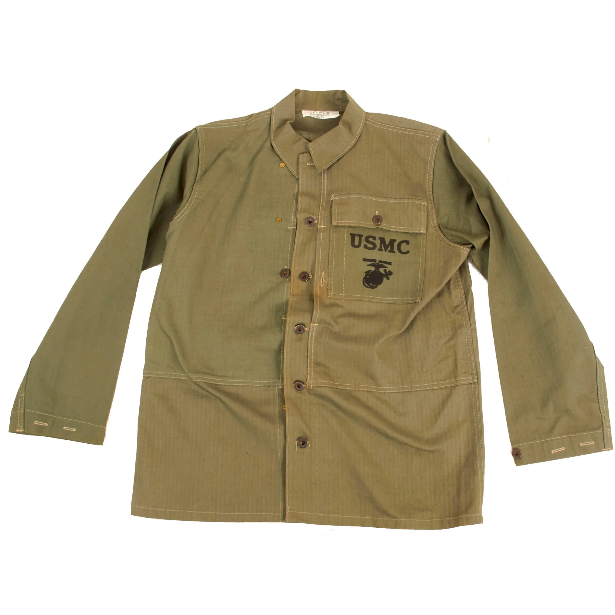 Original U.S. WWII Unissued USMC HBT Herringbone Twill P44 Combat Field Utility Uniform Set With “Monkey Trousers”