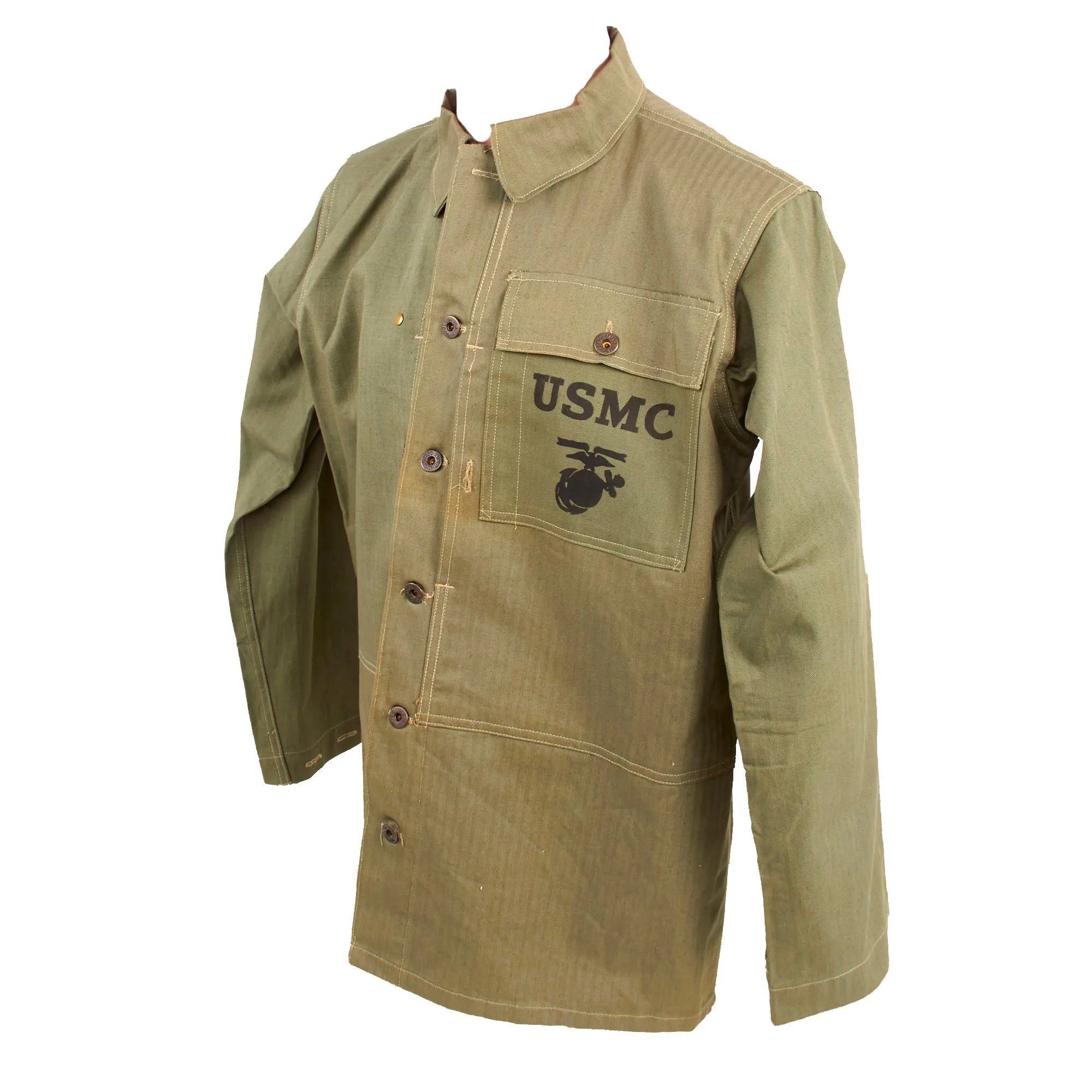 Original U.S. WWII Unissued USMC HBT Herringbone Twill P44 Combat Field Utility Uniform Set With “Monkey Trousers”