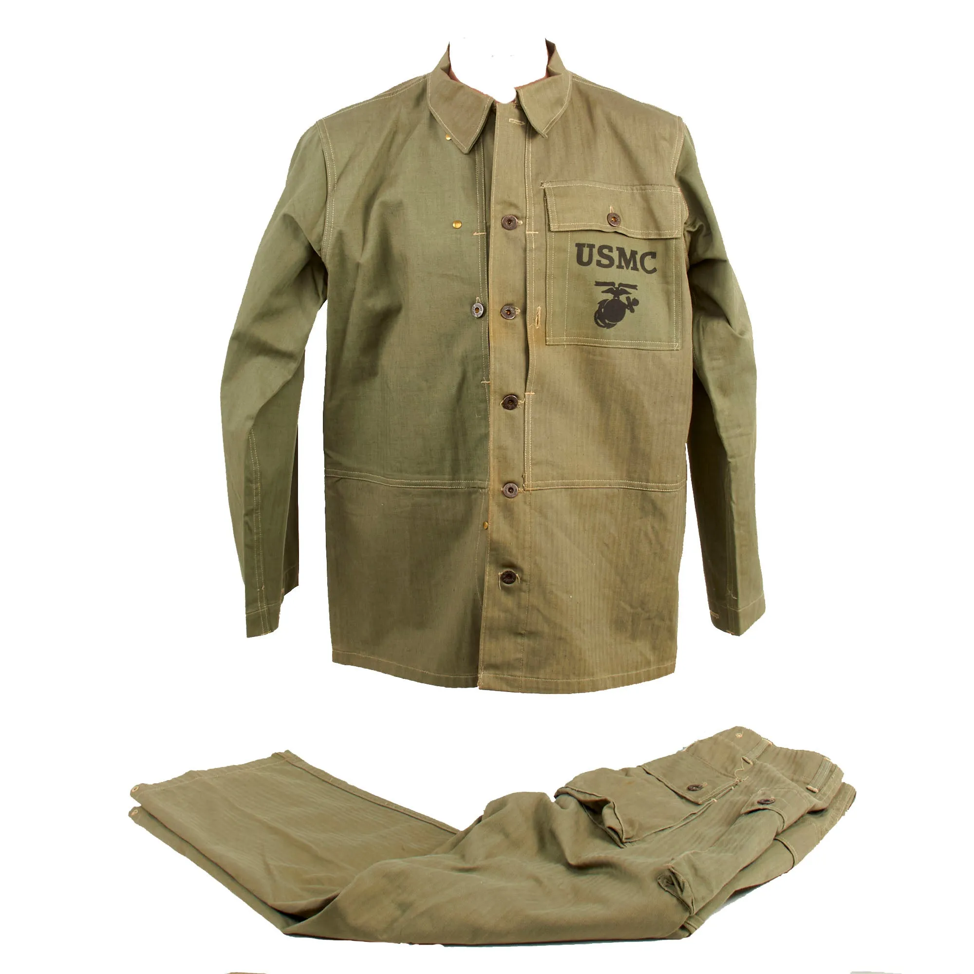 Original U.S. WWII Unissued USMC HBT Herringbone Twill P44 Combat Field Utility Uniform Set With “Monkey Trousers”