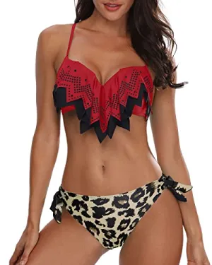 Push Up Women Two Piece Bikini Swimsuit Underwire Ruffle Bathing Suits-Red And Leopard