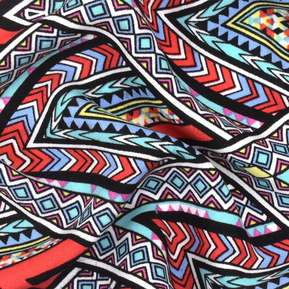 Red-Teal-Multi Abstract Chevron Aztec Printed Challis Fabric