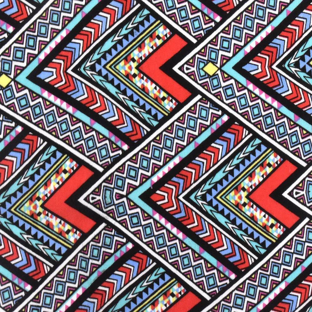 Red-Teal-Multi Abstract Chevron Aztec Printed Challis Fabric