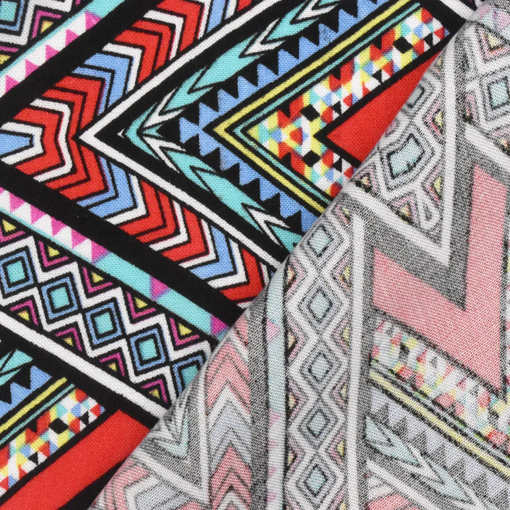 Red-Teal-Multi Abstract Chevron Aztec Printed Challis Fabric