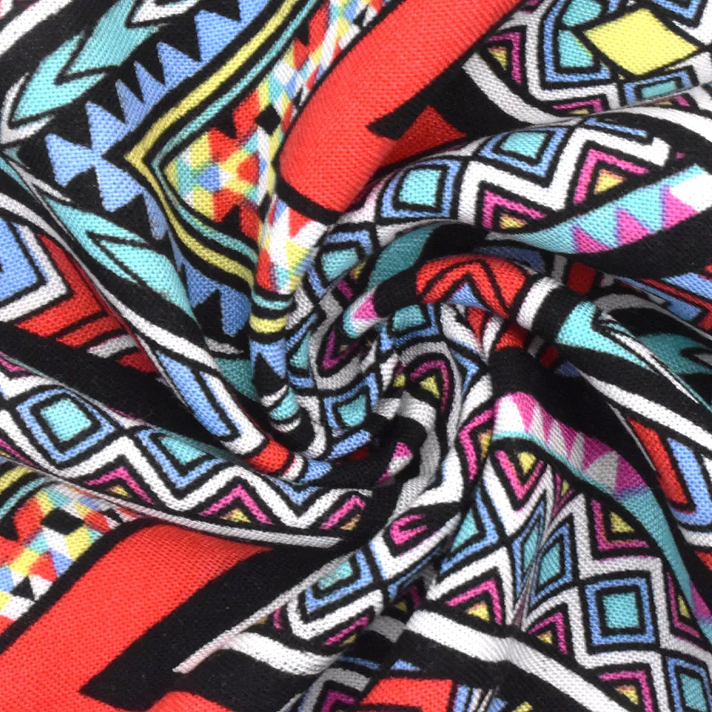 Red-Teal-Multi Abstract Chevron Aztec Printed Challis Fabric