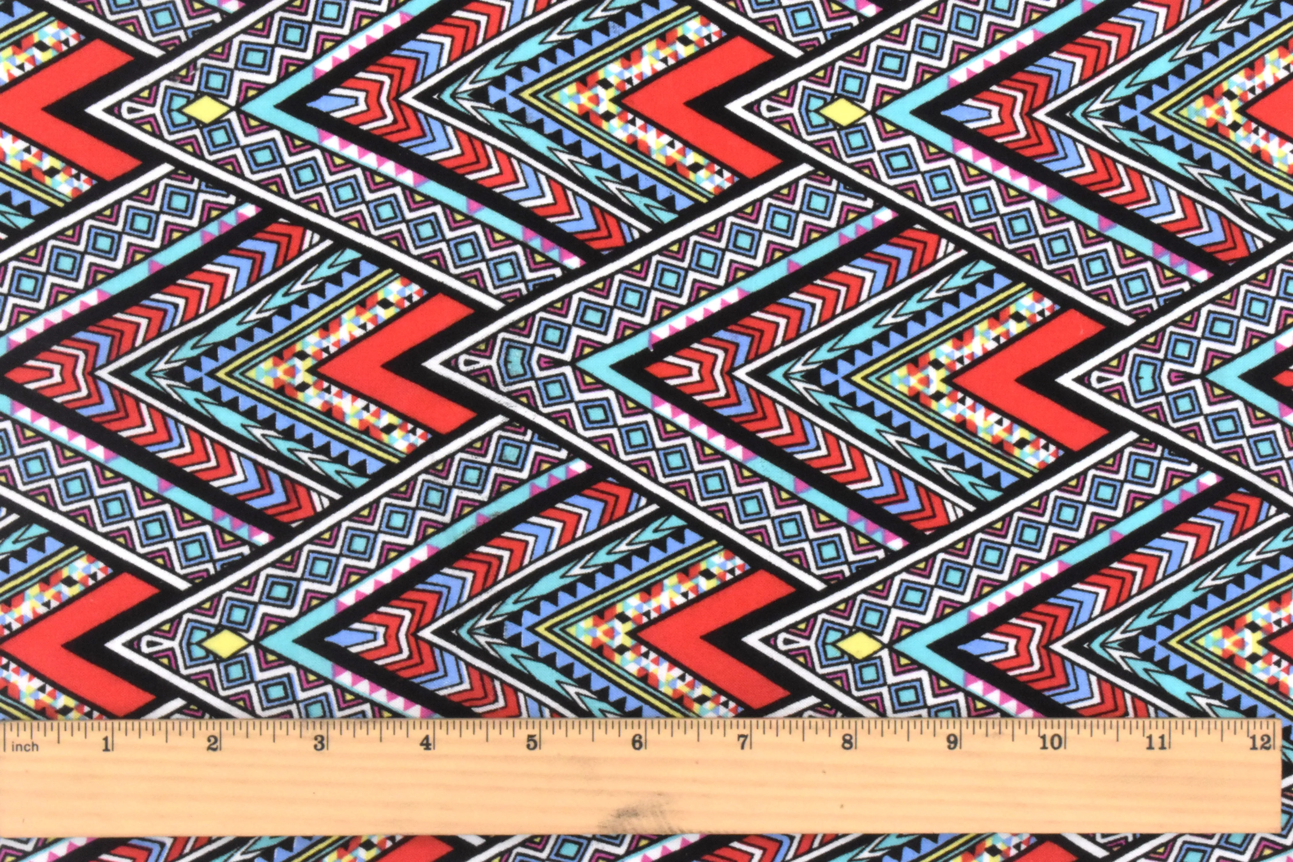 Red-Teal-Multi Abstract Chevron Aztec Printed Challis Fabric