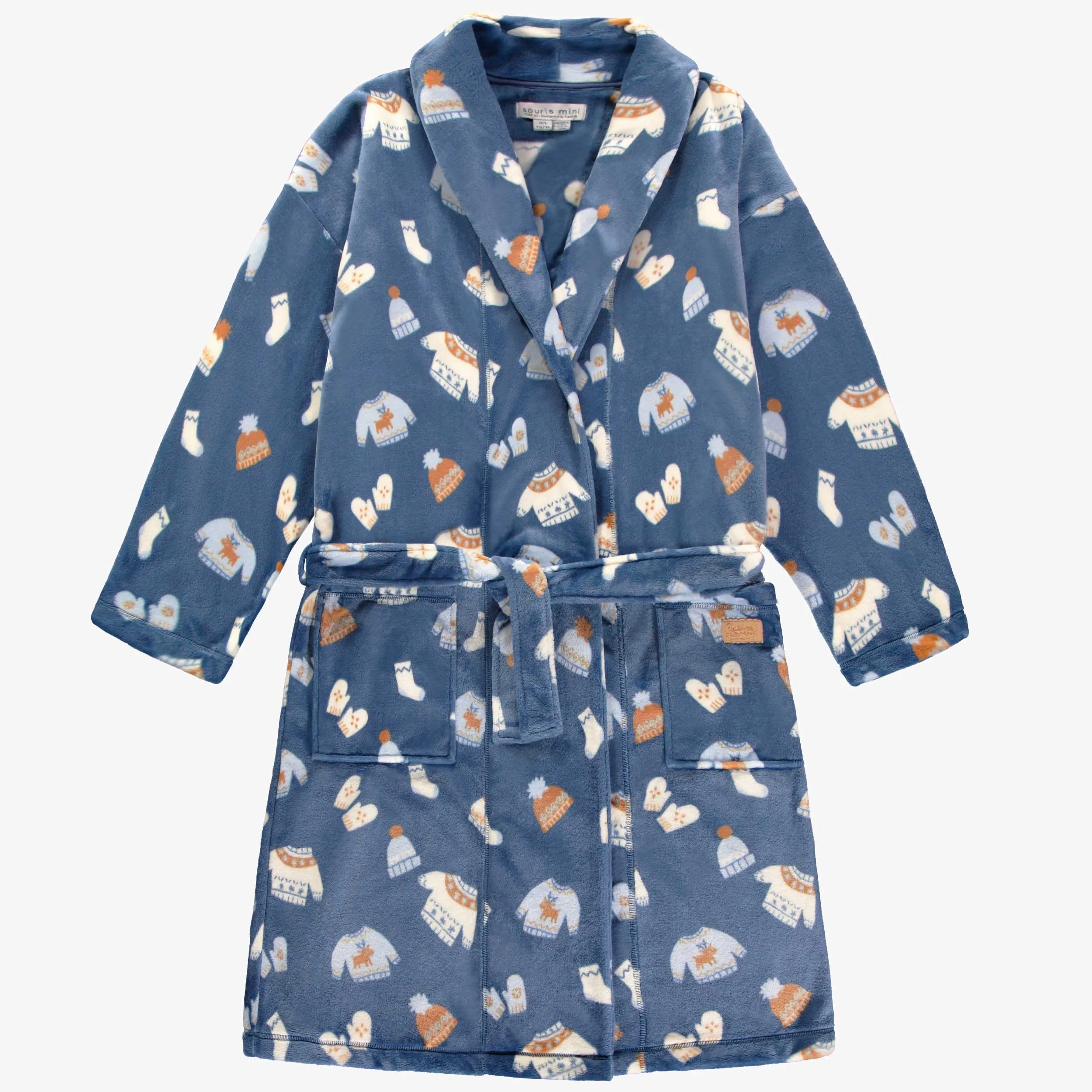 Robe de chambre bleue à motif automnal en peluche, adulte || Blue dressing gown with autumnal all over print in plush, adult