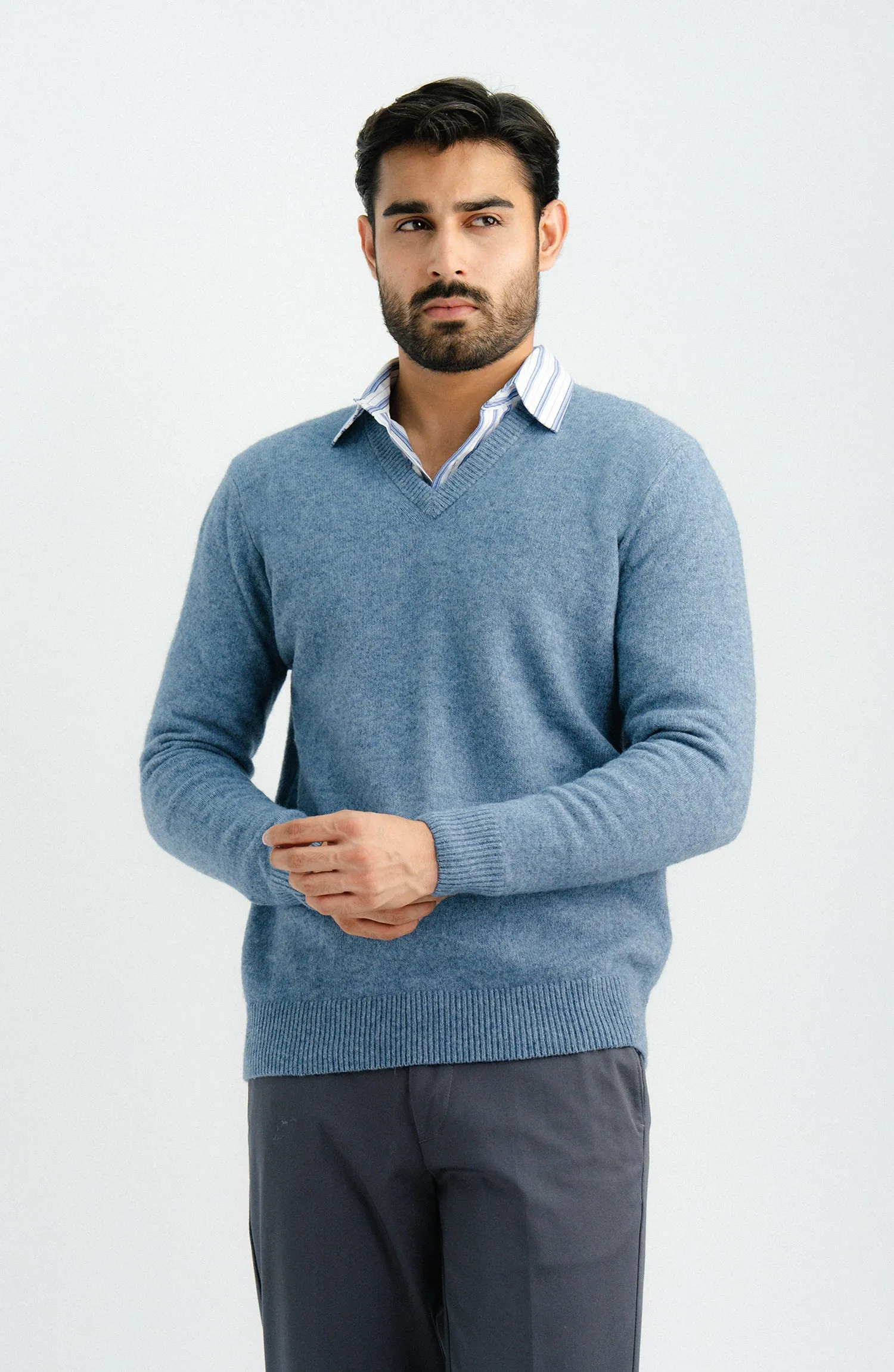 V-Neck Plain Sweater-F/S-Blue