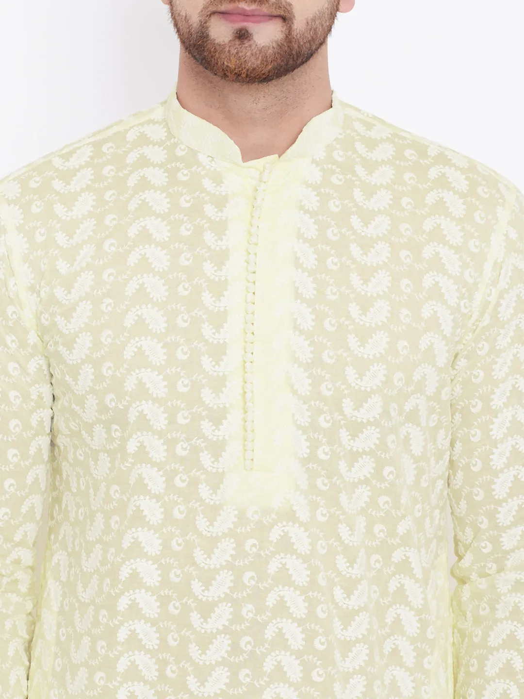 VASTRAMAY Men's Yellow Pure Cotton Chikankari Kurta