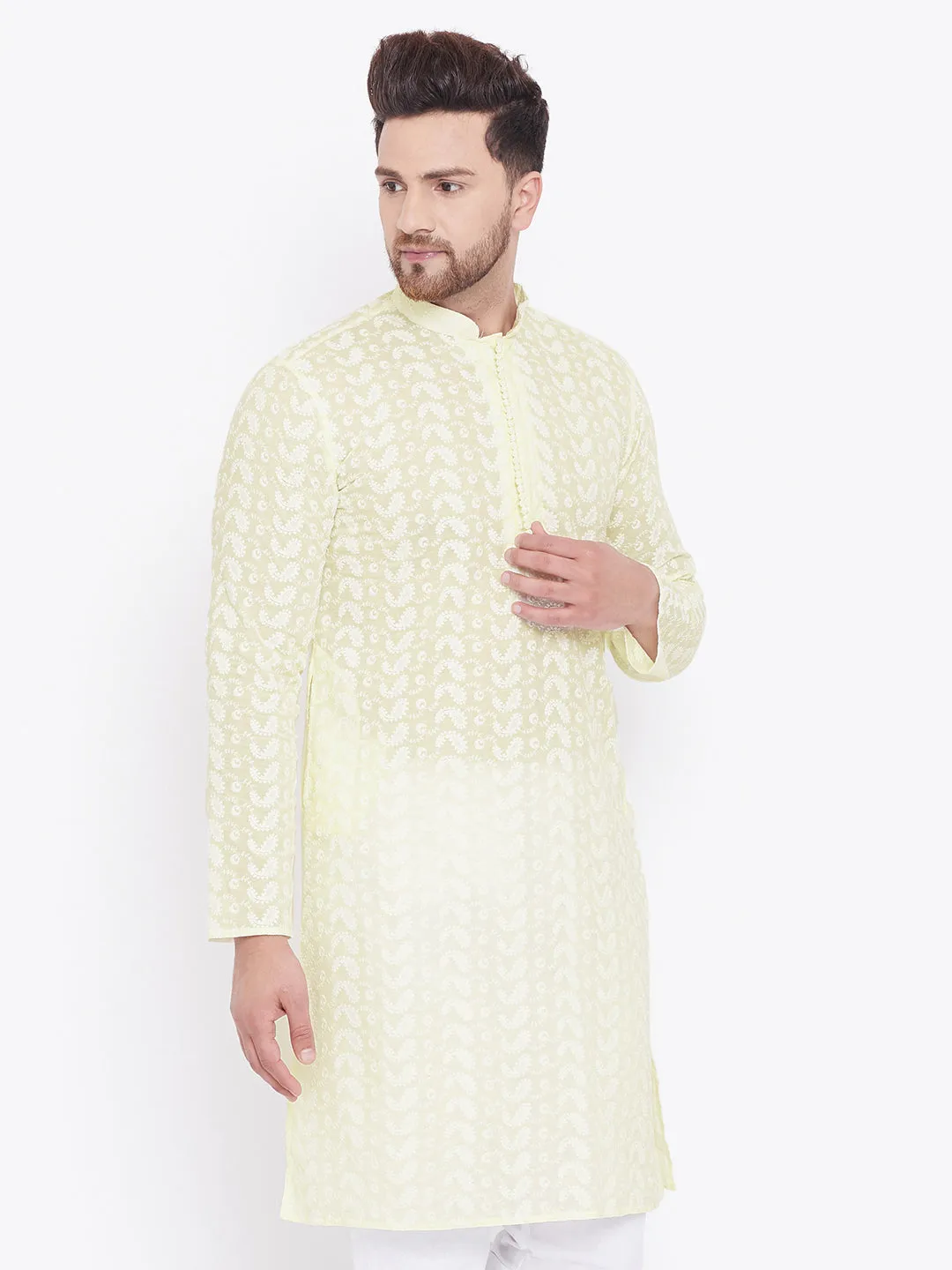 VASTRAMAY Men's Yellow Pure Cotton Chikankari Kurta