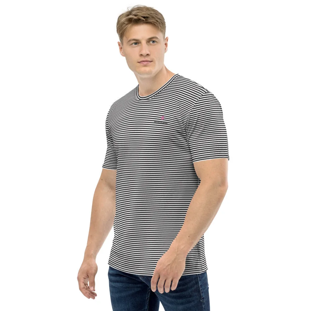 White Black Striped Men's T-shirt, Regular Fit Designer Short Sleeves Crew Neck Tees For Men