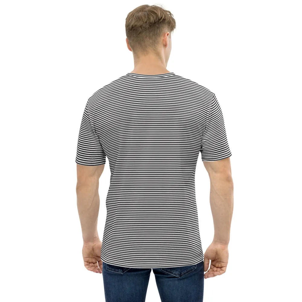 White Black Striped Men's T-shirt, Regular Fit Designer Short Sleeves Crew Neck Tees For Men