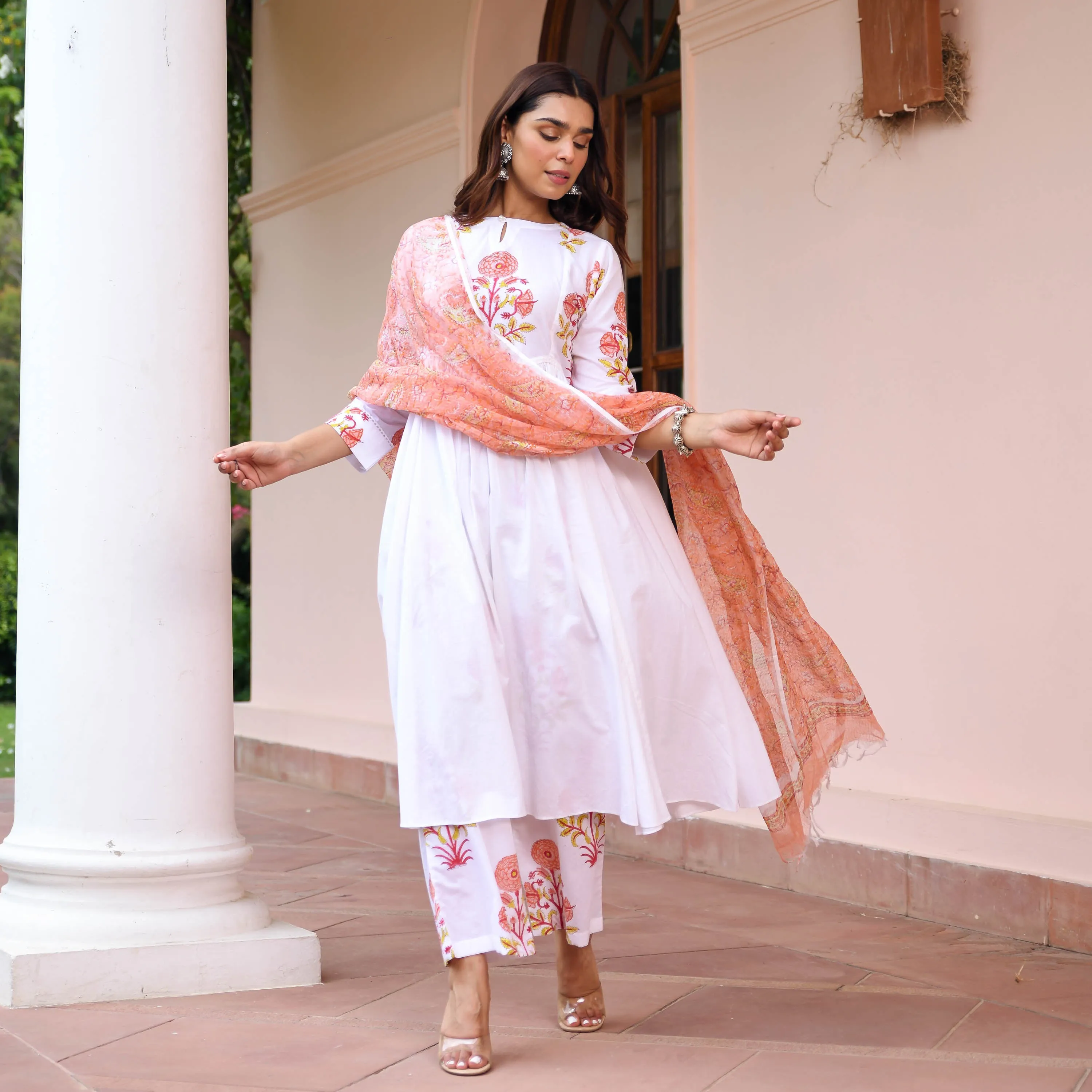 White Suit With Printed Dupatta