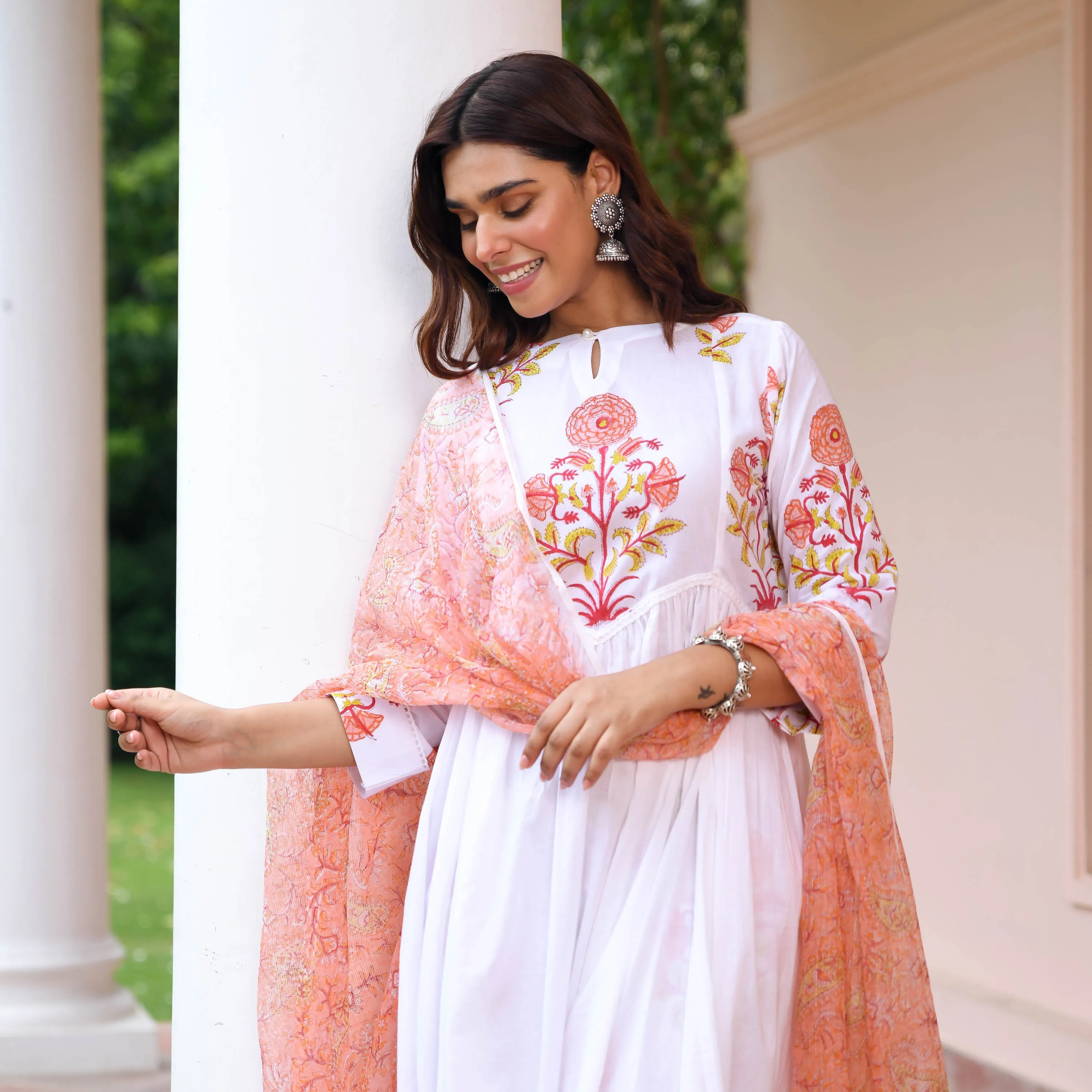 White Suit With Printed Dupatta