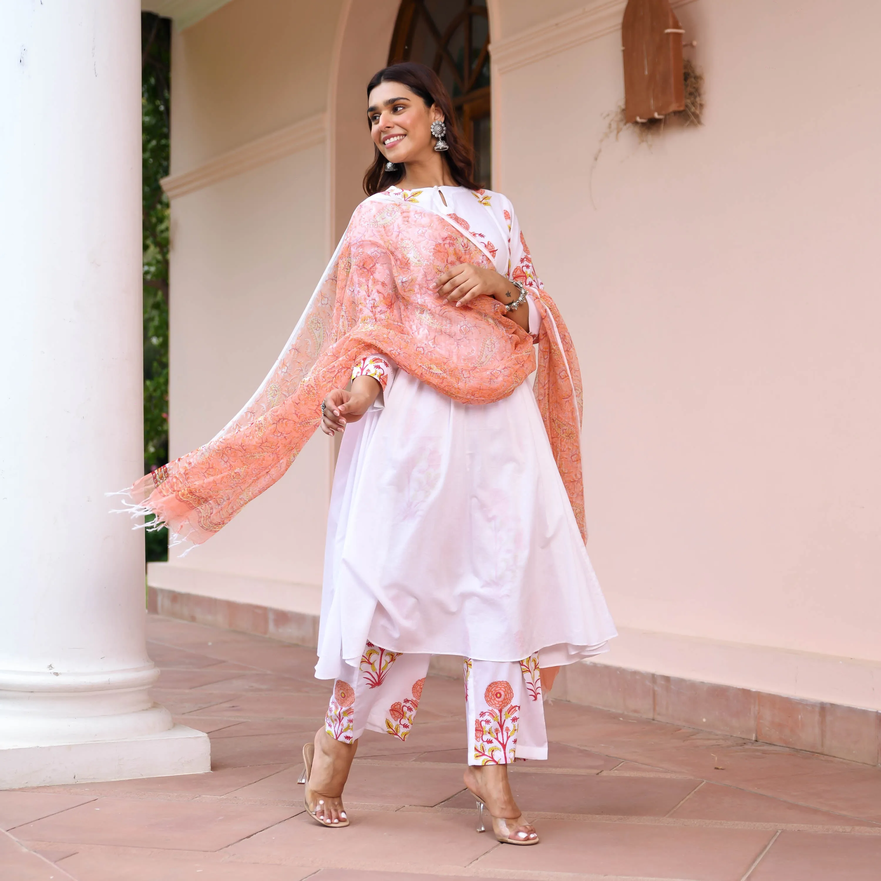 White Suit With Printed Dupatta