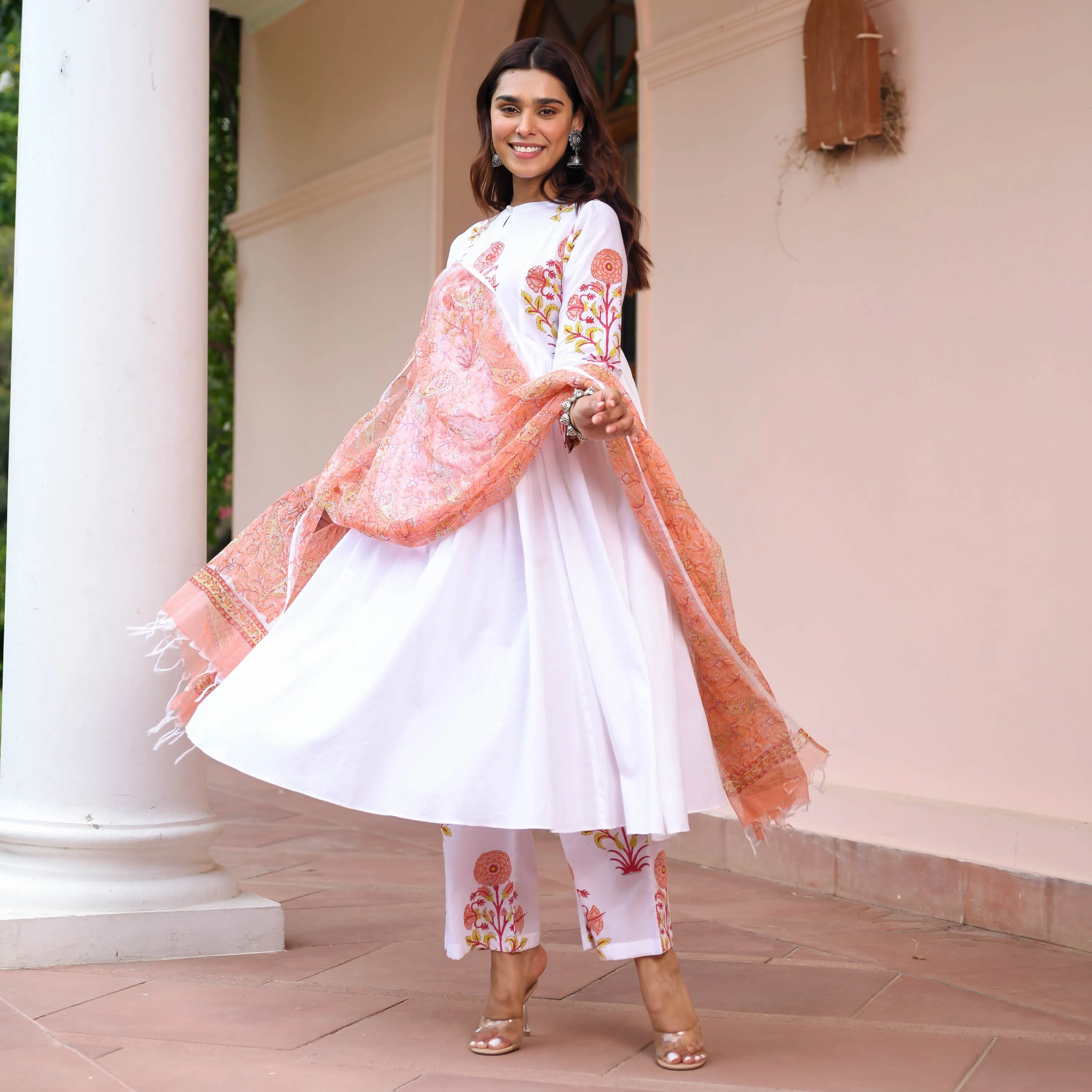 White Suit With Printed Dupatta