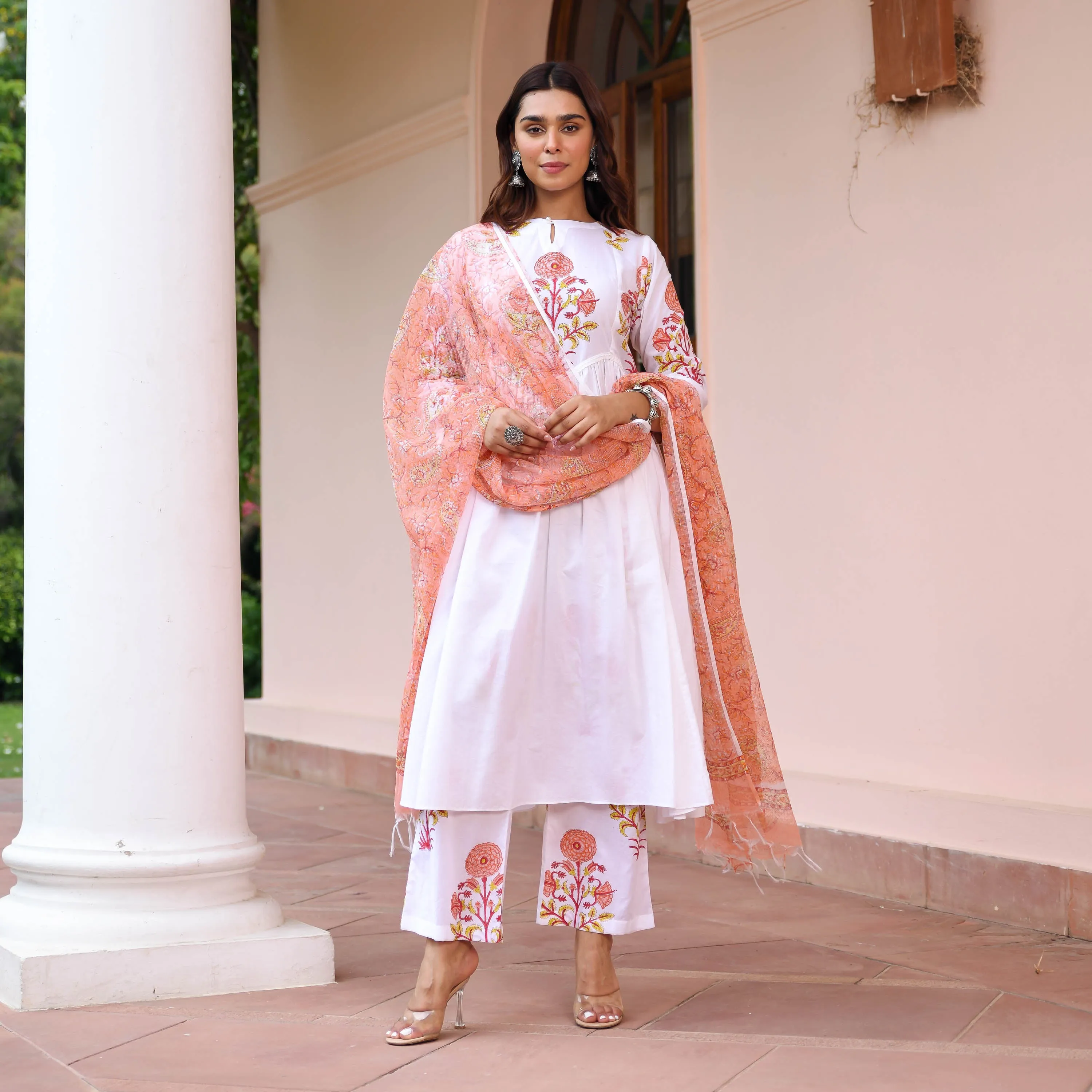 White Suit With Printed Dupatta