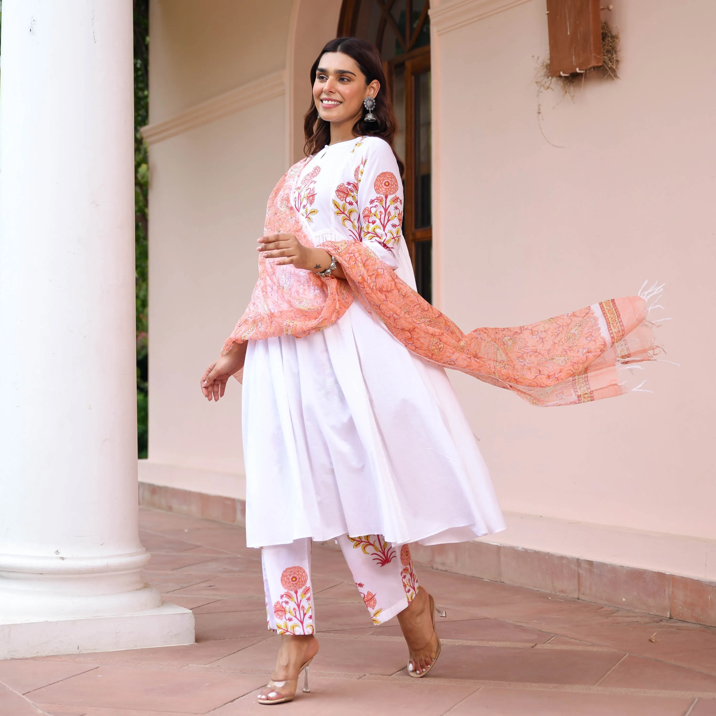 White Suit With Printed Dupatta