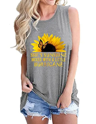 Women She's Sunshine Mixed with A Little Hurricane Graphic Shirt Sunflower Tank Tops