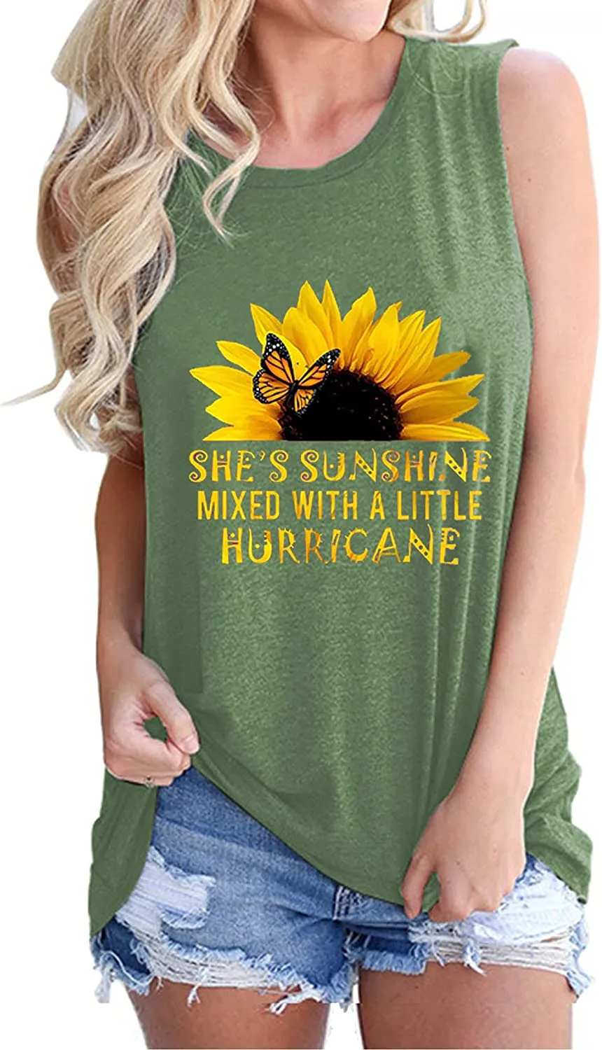 Women She's Sunshine Mixed with A Little Hurricane Graphic Shirt Sunflower Tank Tops