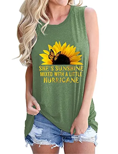 Women She's Sunshine Mixed with A Little Hurricane Graphic Shirt Sunflower Tank Tops