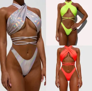 Women swimwear halter sexy bikini set lace up leather swimsuits for women